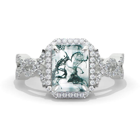 3 Carat Emerald Halo Genuine Moss Agate Twisted Shank  White Gold Engagement Ring