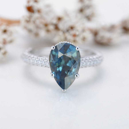 3 Carat Pear Cut Teal Sapphire Hidden Halo Gold Engagement Ring