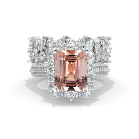 4Ct Genuine Peach Morganite Engagement Ring Halo Emerald Cut Moissanite Engagement Ring, 10x8mm Radiant Cut Moissanite Engagement Ring with Eternity Band