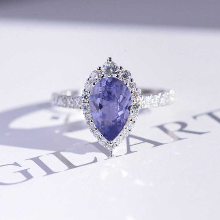 14K Solid White Gold 3 Carat Purple Sapphire Pear Cut Halo Purple Sapphire Ring