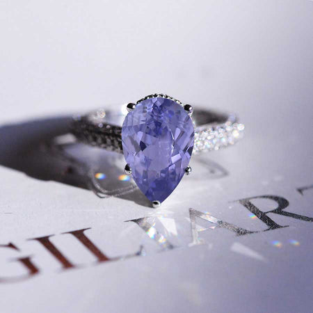 4 Carat Pear Cut Purple Sapphire Hidden Halo Gold Engagement Ring