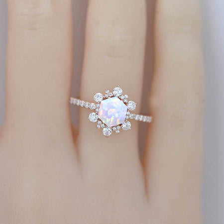 Luxury 3 Carat Hexagonal Genuine White Opal Snowflake Halo Engagement Ring. Victorian 14K White Gold Ring