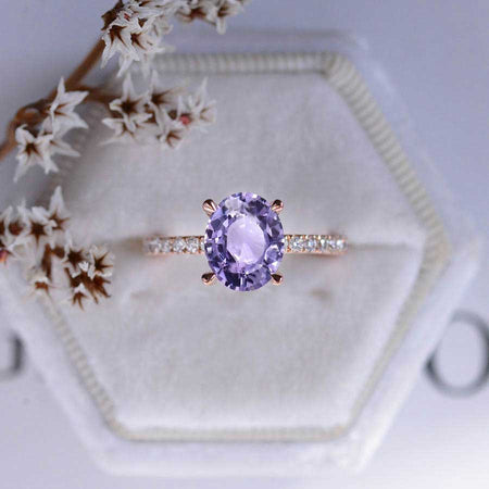 3 Carat Carat Oval Purple Sapphire Ring, Hidden Halo Gold Engagement Ring