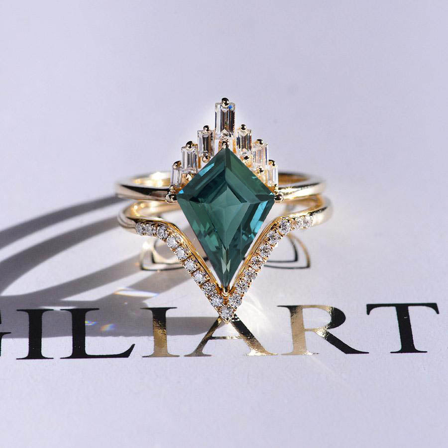 14K Gold 4 Carat Kite Teal Sapphire Halo Engagement Ring, Eternity Ring Set 14K Gold 4 Carat Kite Teal Sapphire Halo Engagement Ring, Eternity Ring Set