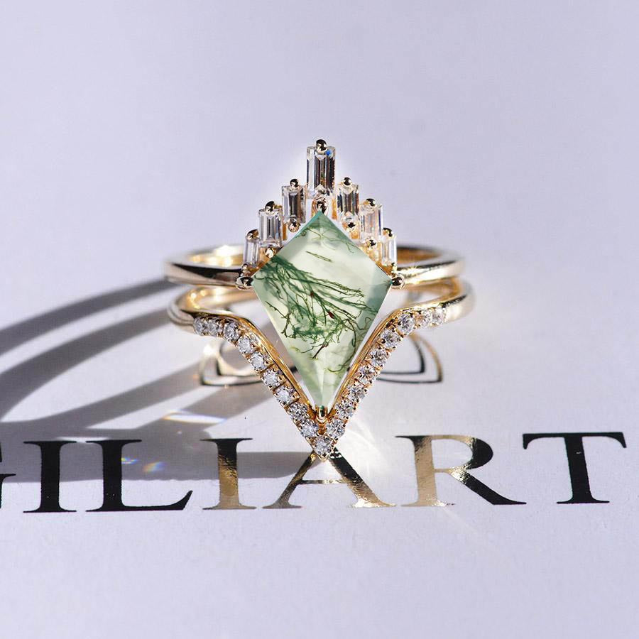 14K Gold 4 Carat Kite Genuine Moss Agate Halo Engagement Ring, Eternity Ring Set 14K Gold 4 Carat Kite Genuine Moss Agate Halo Engagement Ring, Eternity Ring Set