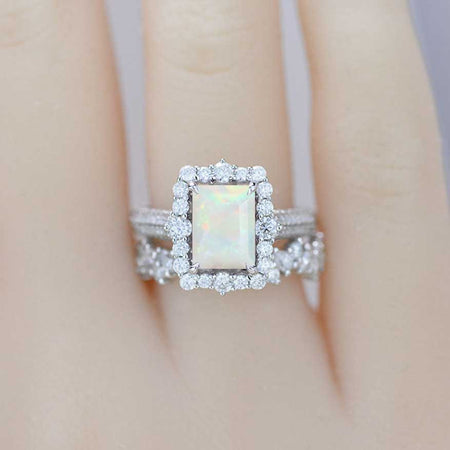 2Ct Genuine White Opal Engagement Ring Halo Emerald Cut Genuine White Opal Engagement Ring, 8x6mm Step Cut Genuine White Opal Engagement Ring with Eternity Band
