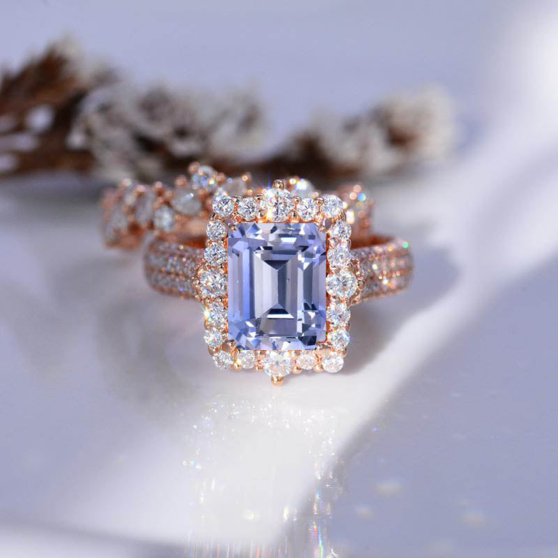 3Ct Lavender Purple Sapphire Engagement Ring. Halo Emerald Cut Lavender Purple Sapphire 14K Rose Gold Engagement Ring Set 3Ct Lavender Purple Sapphire Engagement Ring. Halo Emerald Cut Lavender Purple Sapphire 14K Rose Gold Engagement Ring Set