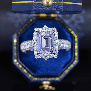 3Ct Lavender Purple Sapphire Engagement Ring. Halo Emerald Cut Lavender Purple Sapphire 14K Rose Gold Engagement Ring