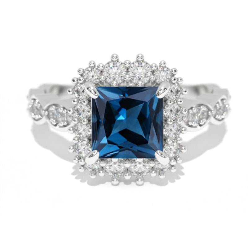 14K White Gold 1.5 Carat Princess Genuine London Blue Topaz Halo Engagement Ring 14K White Gold 1.5 Carat Princess Genuine London Blue Topaz Halo Engagement Ring