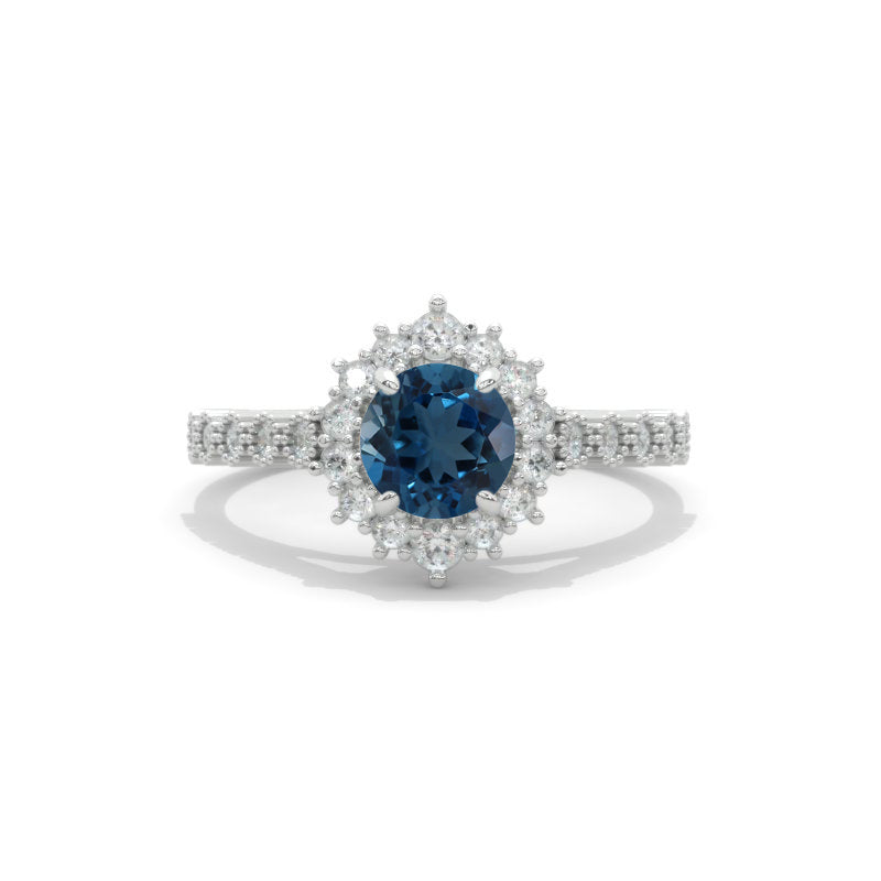 14K White Gold 1 Carat Round Genuine London Blue Topaz Halo Engagement Ring 14K White Gold 1 Carat Round Genuine London Blue Topaz Halo Engagement Ring