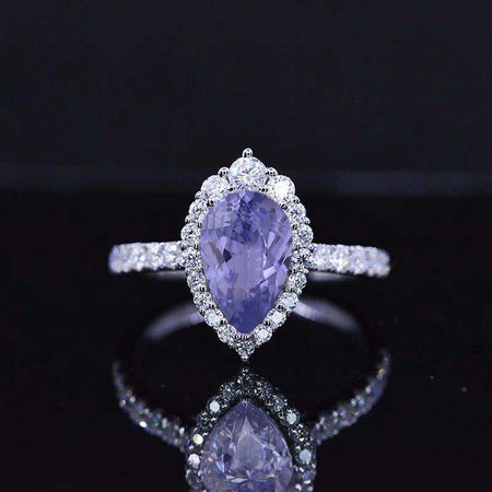 Luxury 2 Carat Pear Cut Purple Sapphire  Diamond Halo 14K Solid White Gold