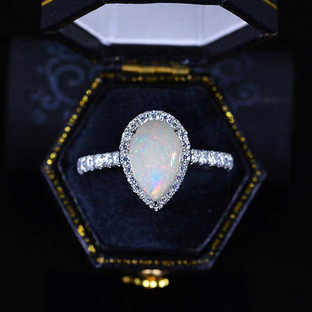 14K Solid White Gold 3 Carat Halo Pear Cut Genuine White Opal Ring