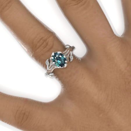 1.5 Carat Oval Teal Sapphire Twig Organic Shaped 14K Gold Engagement Promissory Ring