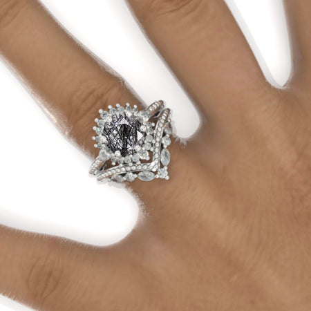 14K White Gold 2 Carat Round Natural Rutilated Quartz Six Pronds Halo Engagement Ring V- Band Eternity Ring Set