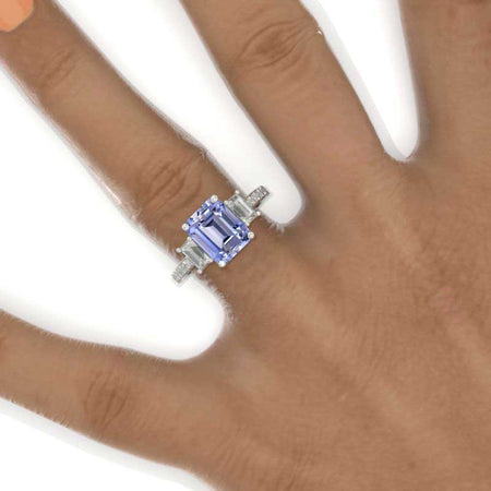 3 Carat Emerald Tri-Stone Purple Sapphire Engagement Ring 14K White Gold Ring