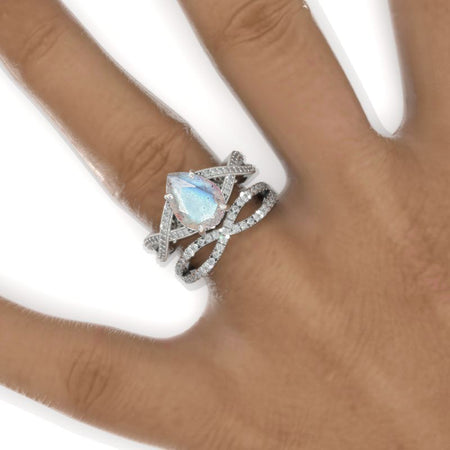 3 Carat Pear Labradorite Halo Twisted Engagement Ring 14K White Gold Ring Set