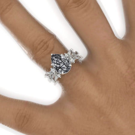 3 Carat Pear Natural Rutilated Quartz Cluster 14K White Gold Engagement Eternity Ring