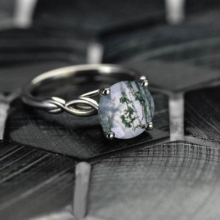 3 Carat Genuine Moss Agate Stone Celtic 14K White Gold Ring