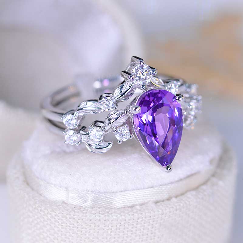 3 Carat Pear Purple Sapphire Halo Floral Engagement 14K White Gold  Ring Eternity Ring Set 3 Carat Pear Purple Sapphire Halo Floral Engagement 14K White Gold  Ring Eternity Ring Set