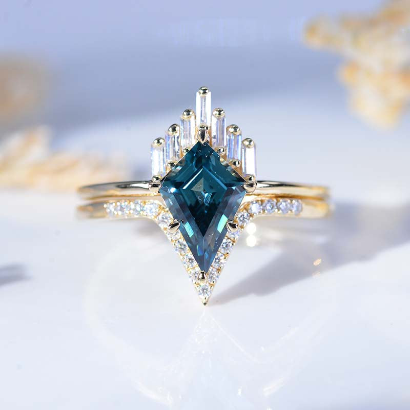 14K Yellow Gold 3 Carat Kite Teal Sapphire Halo Engagement Ring, Eternity Ring Set 14K Yellow Gold 3 Carat Kite Teal Sapphire Halo Engagement Ring, Eternity Ring Set
