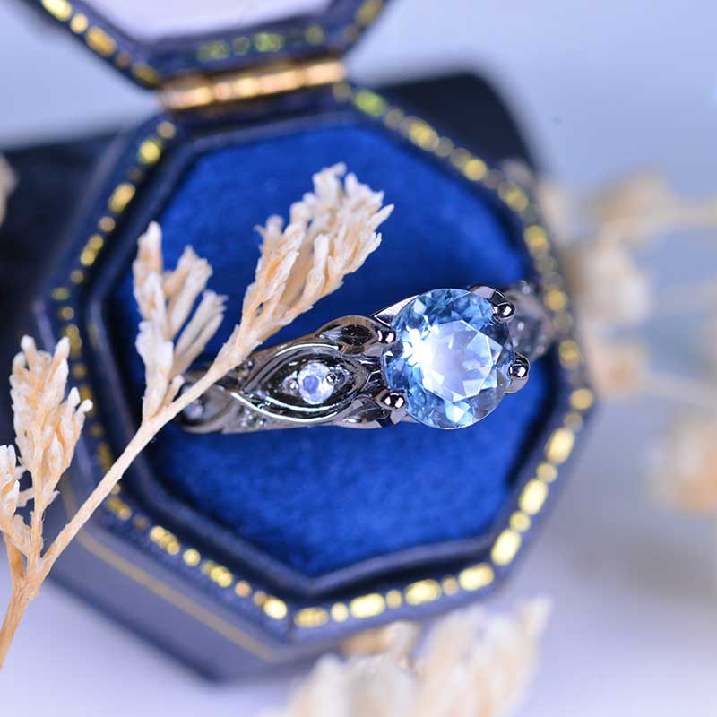 Aquamarine Celtic Engagement Black Rhodium Coated  Silver Gold Platinum Ring Aquamarine Celtic Engagement Black Rhodium Coated  Silver Gold Platinum Ring