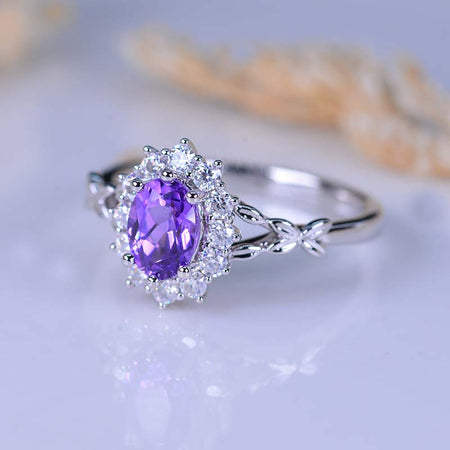 Oval Purple Sapphire Halo Floral Celtic Engagement Ring 14K White Gold Ring