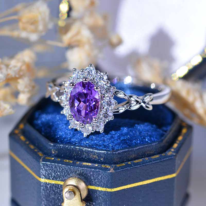 Oval Purple Sapphire Halo Floral Celtic Engagement Ring 14K White Gold Ring Oval Purple Sapphire Halo Floral Celtic Engagement Ring 14K White Gold Ring