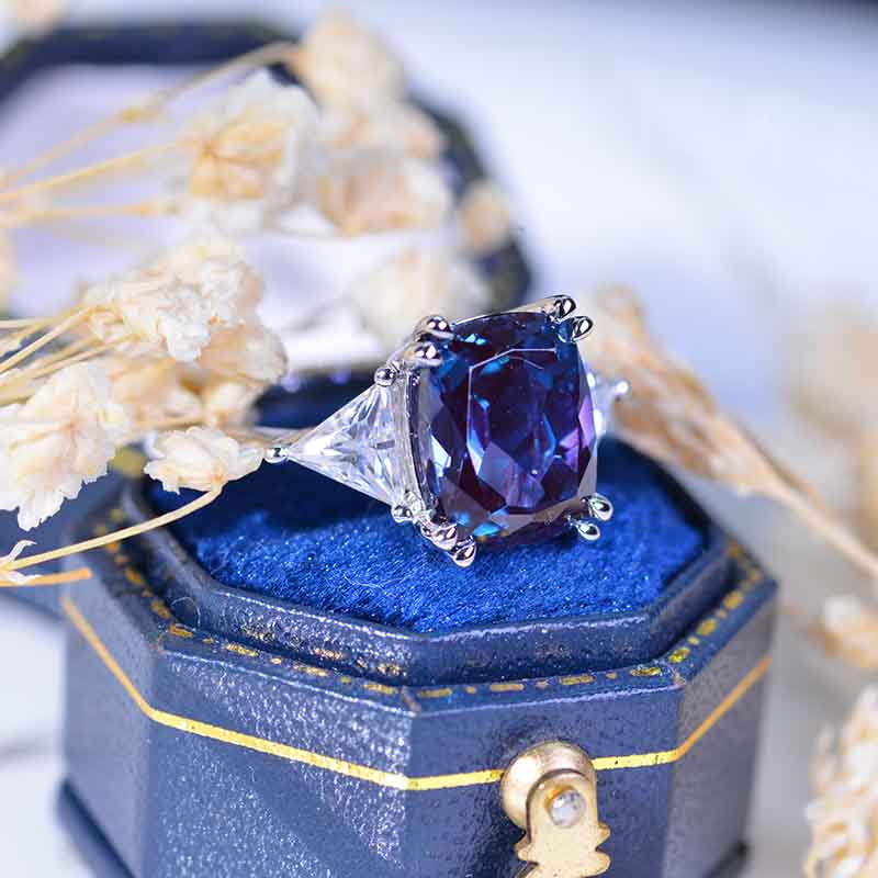 4 Carat Cushion Alexandrite Tri-Stone 14K White Gold  Engagement Ring 4 Carat Cushion Alexandrite Tri-Stone 14K White Gold  Engagement Ring