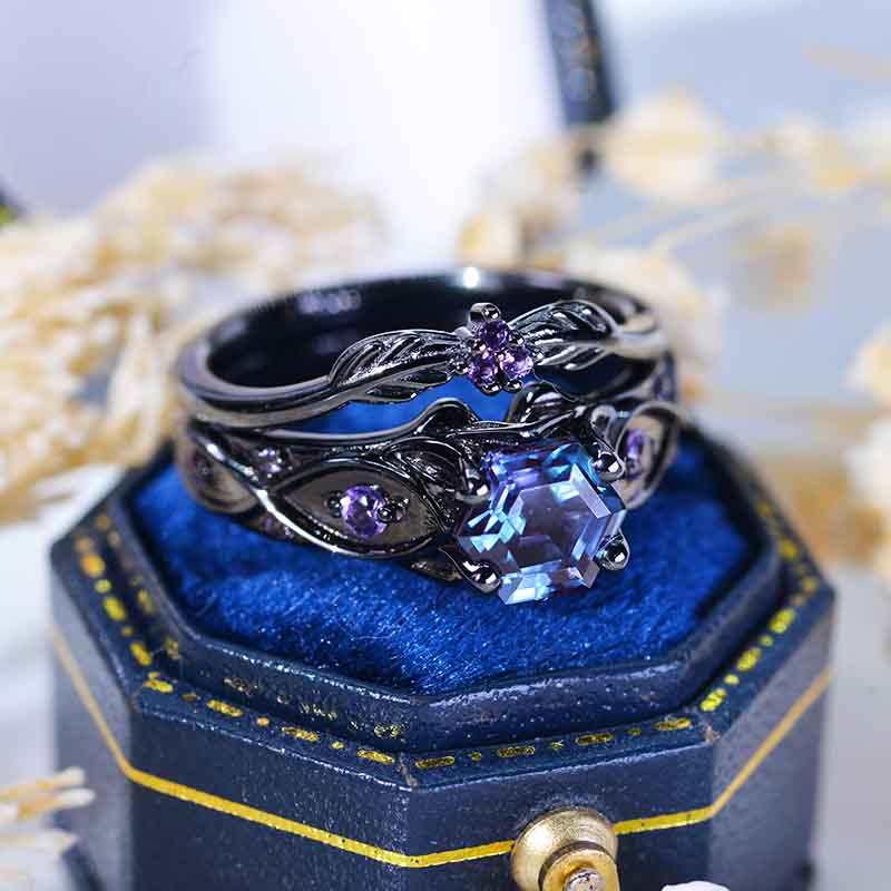14K Black Gold Hexagon Alexandrite Celtic Amethyst  Engagement Ring Set 14K Black Gold Hexagon Alexandrite Celtic Amethyst  Engagement Ring Set