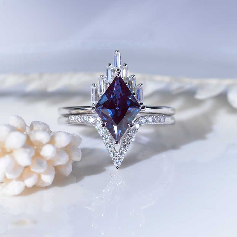 14K Solid Gold Ring 3CT  Rhombus  Alexandrite Halo Engagement Ring, Baguette Eternity Gold Ring Set 14K Solid Gold Ring 3CT  Rhombus  Alexandrite Halo Engagement Ring, Baguette Eternity Gold Ring Set