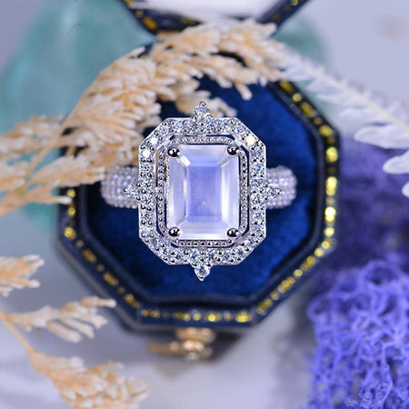 3Ct Emerald cut Halo Natural Moonstone ring, Natural Moonstone solitaire ring, Natural Moonstone ring, Natural Moonstone emerald cut vintage ring