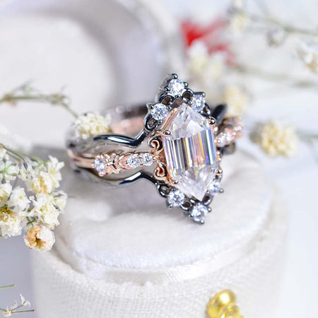 3 Carat Hexagon Bezel Set Moissanite Cluster Halo 14K White Gold Engagement Ring Set