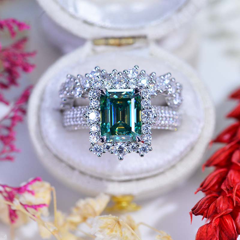 3Ct Green Moissanite Engagement Ring Halo Emerald Cut Green Moissanite Engagement Ring, 9x7mm Step Cut Green  Moissanite Engagement Ring with Eternity Band 3Ct Green Moissanite Engagement Ring Halo Emerald Cut Green Moissanite Engagement Ring, 9x7mm Step Cut Green  Moissanite Engagement Ring with Eternity Band