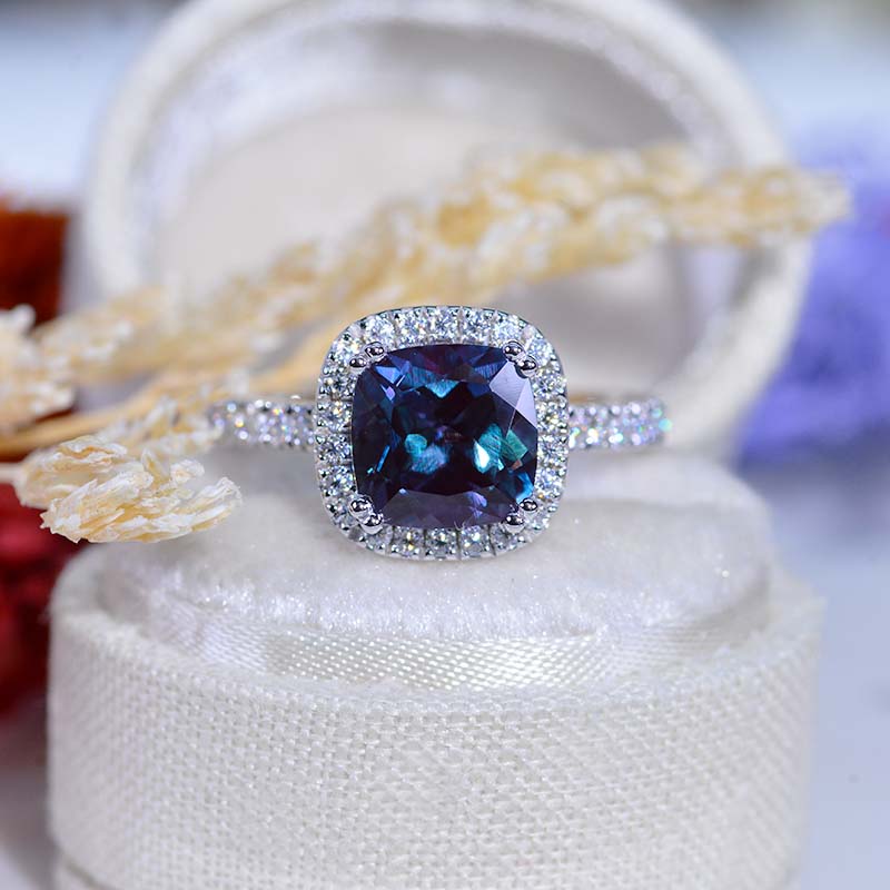 2.5 Carat Cushion Alexandrite Halo Engagement Ring. Victorian 14K White Gold Ring
 2.5 Carat Cushion Alexandrite Halo Engagement Ring. Victorian 14K White Gold Ring
