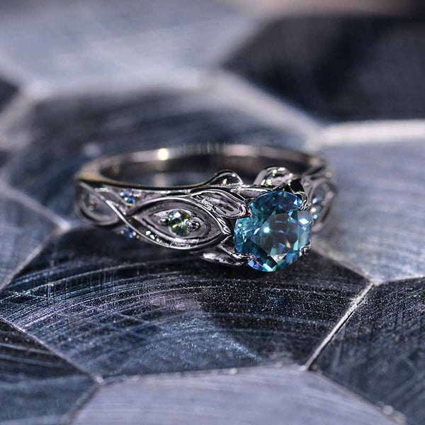 Vintage Celtic Wedding Rings 14K Black Gold Teal Sapphire Celtic