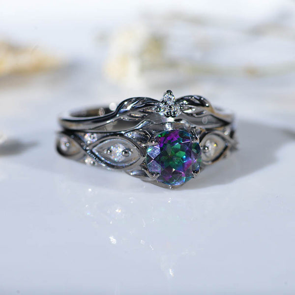 14K Black Gold Silver Mystic Topaz Celtic Engagement Ring Set