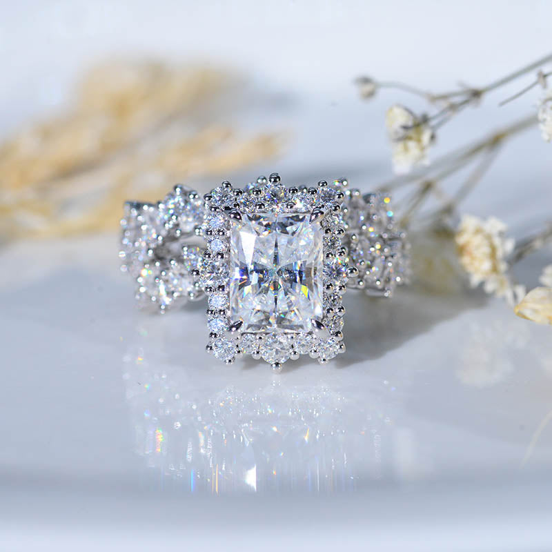 Fancy  3 Carat Vintage Style 9x7mm Radiant Cut Giliarto Moissanite White Gold Floral Shank Engagement Ring Set Fancy  3 Carat Vintage Style 9x7mm Radiant Cut Giliarto Moissanite White Gold Floral Shank Engagement Ring Set