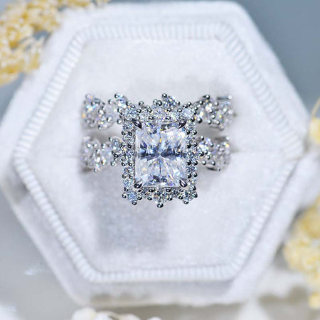 3 Carat Vintage Style 9x7mm Radiant Cut LAB-Grown Diamond White Gold Floral Shank Engagement Ring Set Model 572