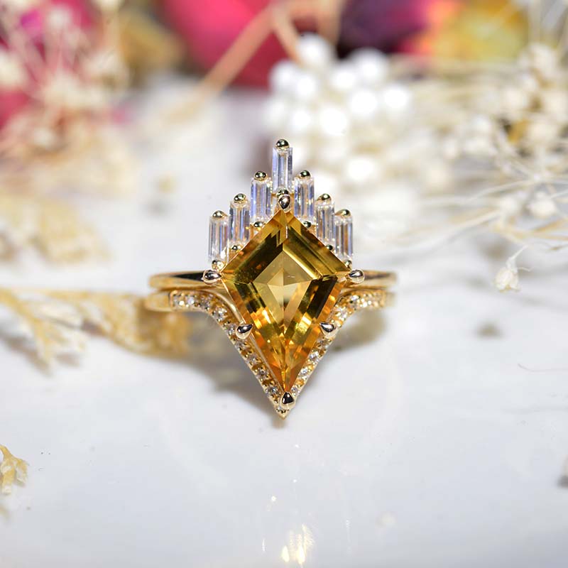 14K Gold 4 Carat Kite Citrine Halo Engagement Ring, Eternity Ring Set 14K Gold 4 Carat Kite Citrine Halo Engagement Ring, Eternity Ring Set