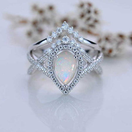 14K White Gold 1.5 Carat Pear Genuine White Opal Halo Twisted Engagement Ring Eternity Ring Set