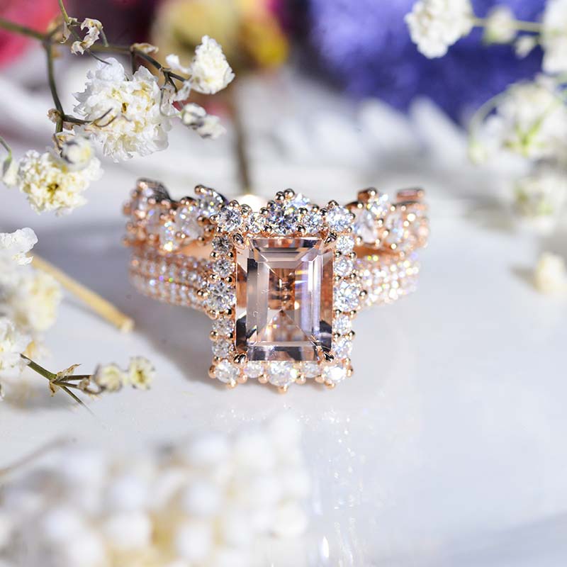 3Ct Natural Morganite Engagement Ring. Halo Emerald Cut Genuine Morganite Engagement Ring, 9x7mm Step Cut Morganite Engagement Ring with Eternity Band 3Ct Natural Morganite Engagement Ring. Halo Emerald Cut Genuine Morganite Engagement Ring, 9x7mm Step Cut Morganite Engagement Ring with Eternity Band