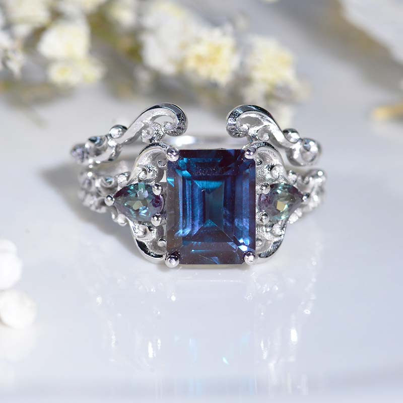 3 Carat Emerald Halo Alexandrite  Twisted Shank  White Gold Engagement Ring Set 3 Carat Emerald Halo Alexandrite  Twisted Shank  White Gold Engagement Ring Set