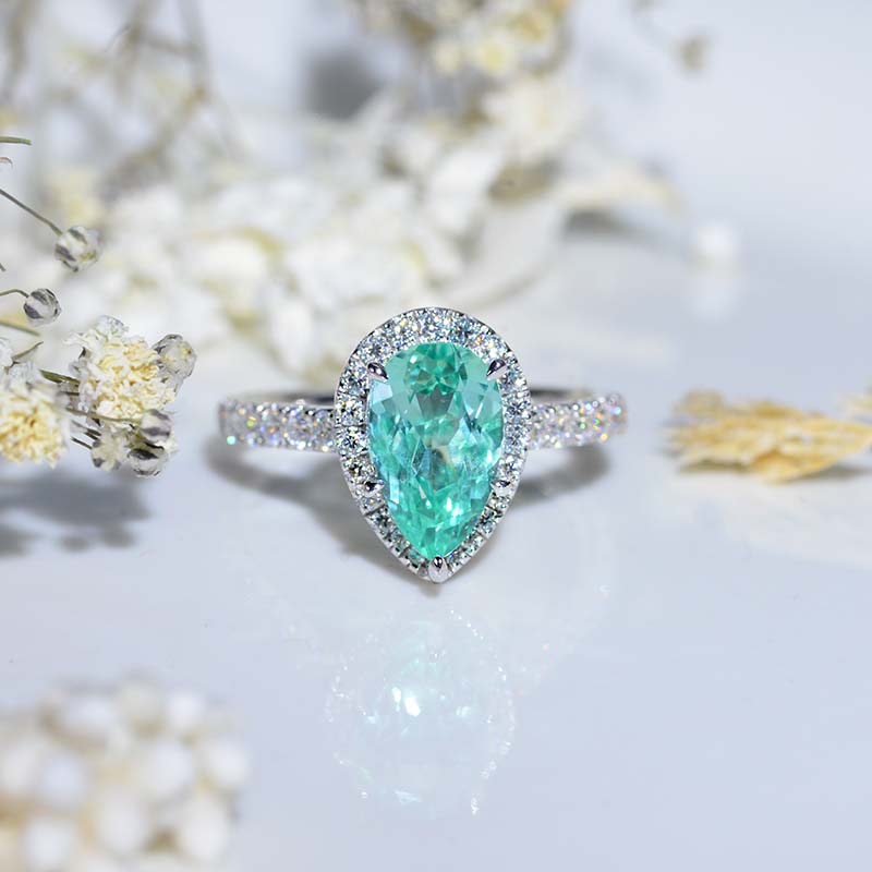 14K Solid White Gold 3 Carat Halo Pear Cut Mint Sapphire Ring 14K Solid White Gold 3 Carat Halo Pear Cut Mint Sapphire Ring