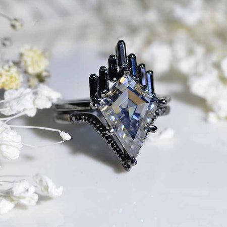 14K Black Gold 4 Carat Kite Dark Gray Moissanite Black Moissanite Halo Engagement Ring, Eternity Ring Set  Black Rhodium Coating