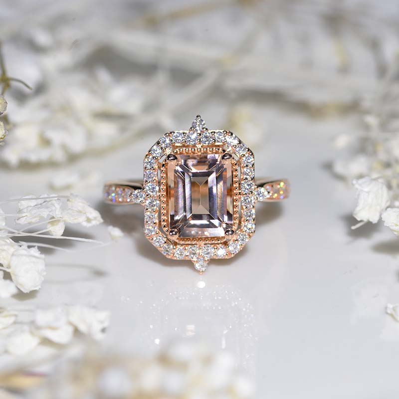 3Ct Emerald Cut Halo Morganite Ring, Morganite ring, Vintage Natural Morganite Ring, Genuine Morganite Emerald Cut Ring 3Ct Emerald Cut Halo Morganite Ring, Morganite ring, Vintage Natural Morganite Ring, Genuine Morganite Emerald Cut Ring