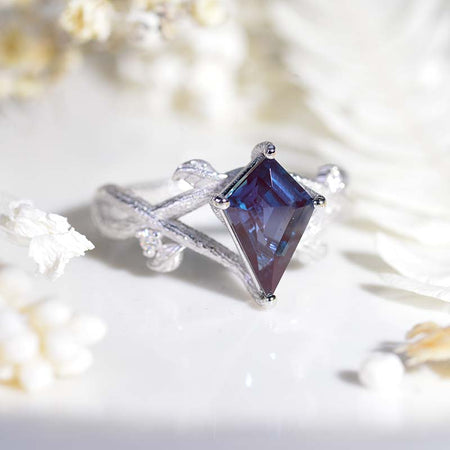 2.5 Carat Kite Alexandrite Twig Floral 14K White Gold Engagement Ring