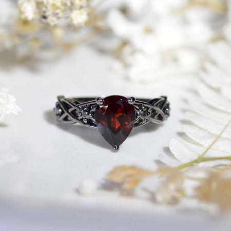 Gothic Celtic Pear Cut Garnet  Engagement Ring 14K Black Gold
