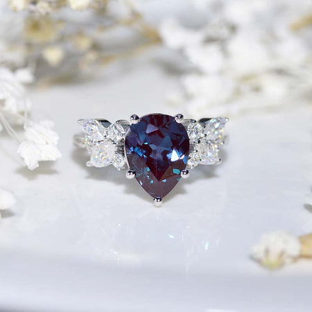 3 Carat Pear Alexandrite Cluster 14K White Gold Engagement Eternity Ring