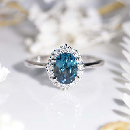 1.5Ct Teal Sapphire Halo Engagement Ring, Oval Shape Brilliant Cut Teal Sapphire Engagement Ring, 14K White Gold Ring