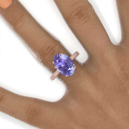 8 Carat Oval Cut 14x10mm Purple Sapphire Hidden Halo Rose Gold Engagement Ring